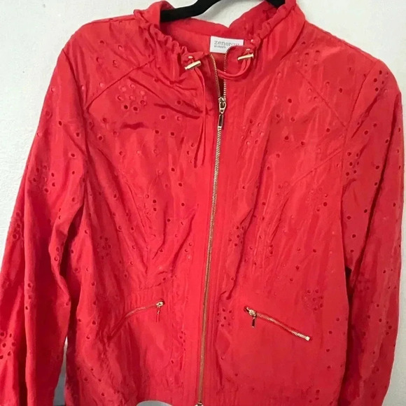 Chico’s orange eyelet zip front 3/4 sleeve windbreaker jacket size Medium - Picture 3 of 7